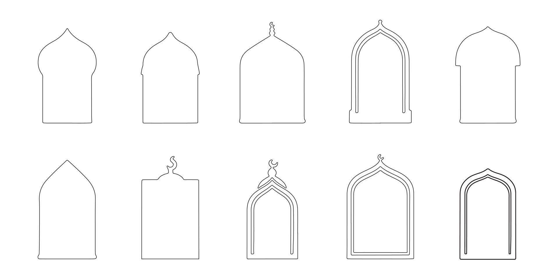 Arabic Islamic Windows Icon Set featuring a Mosque Minaret Silhouette, designed as illustrations for a text box collection. vector