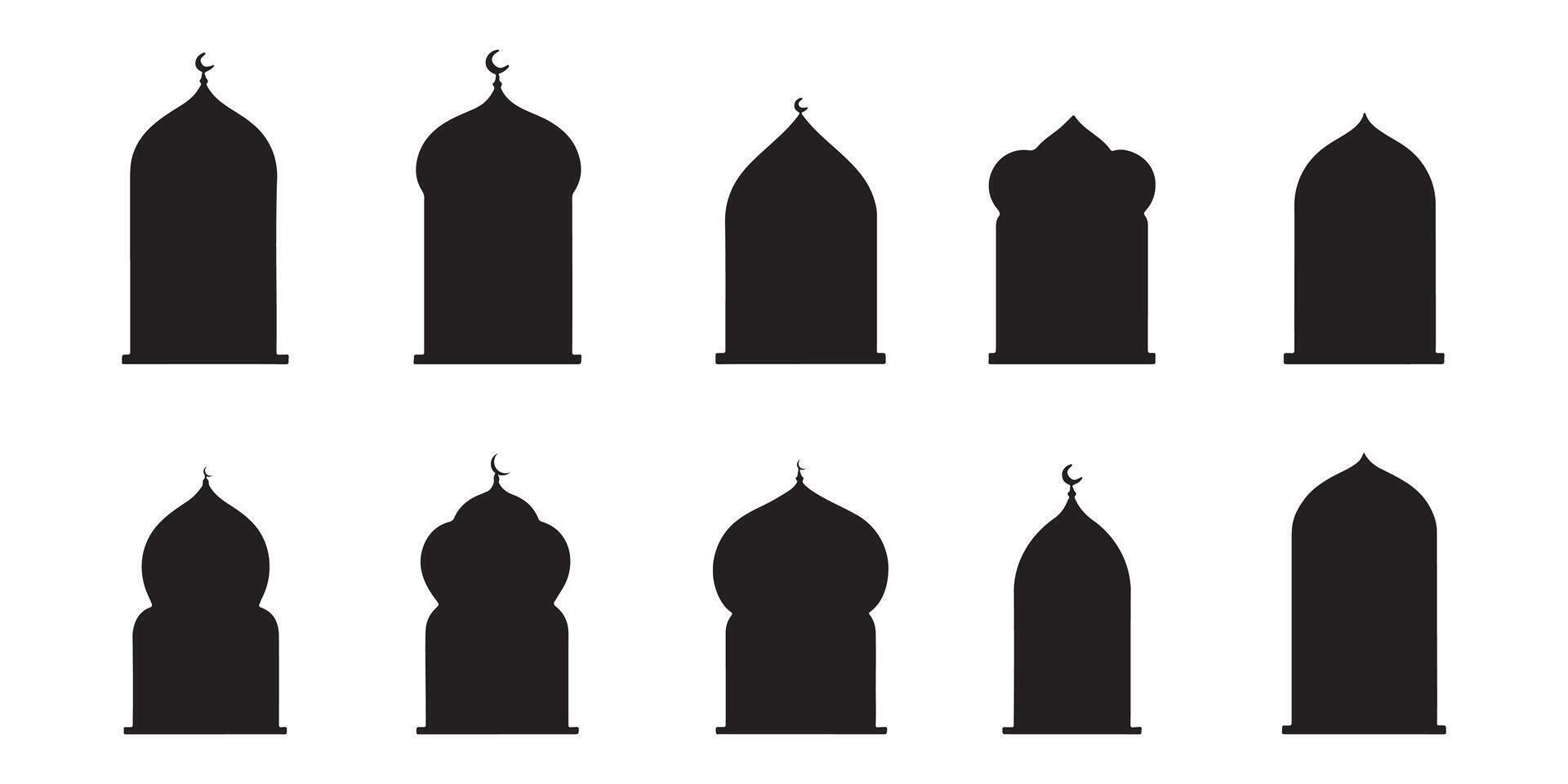 Arabic Islamic Windows Icon Set with a Mosque Minaret Silhouette, an Illustration for Text Box Collection. vector