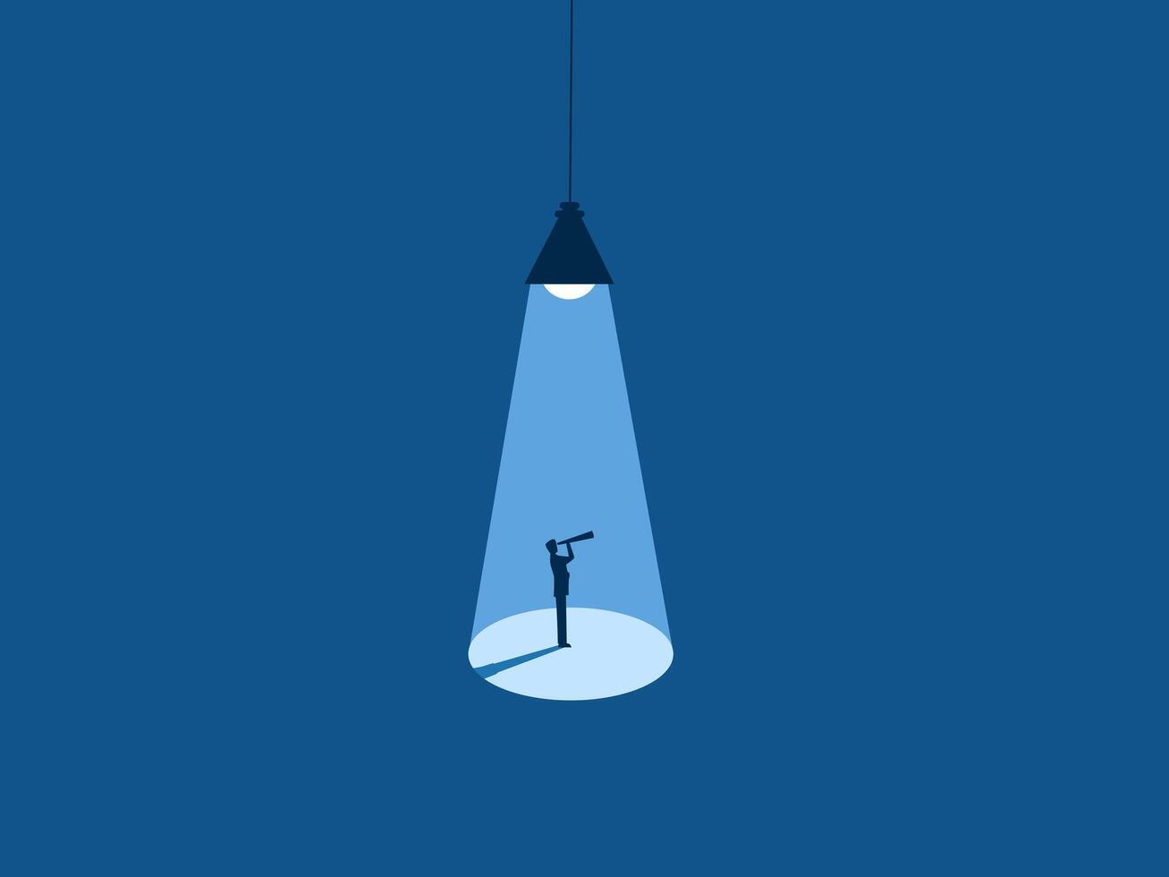 Focus, Research, Search, Forecast, man looking through binoculars under the spotlight vector