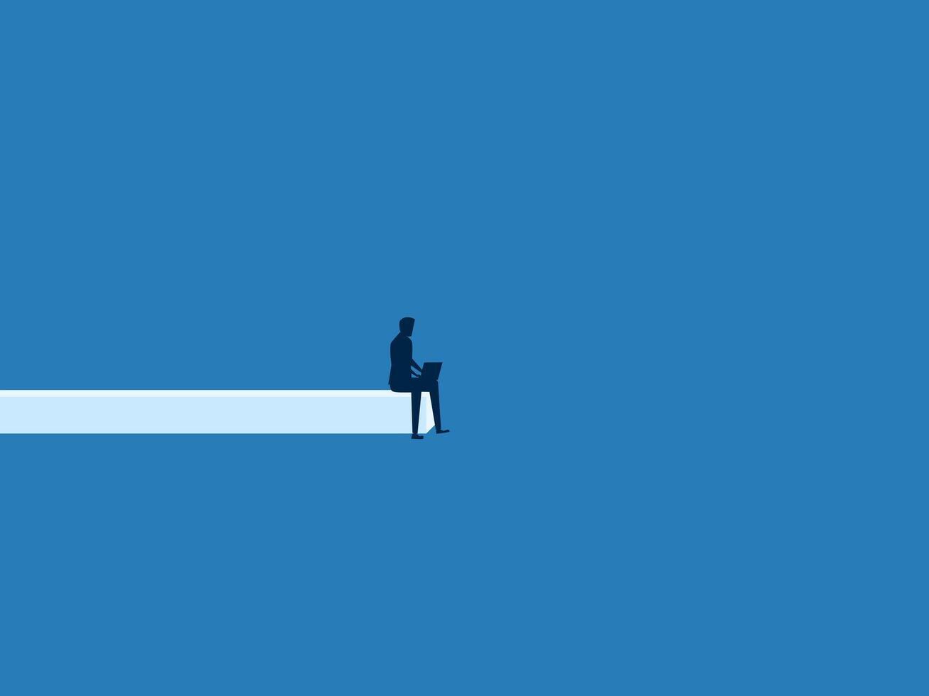 Risk, focus on work, businessman working on laptop at the end of a jumping off point vector