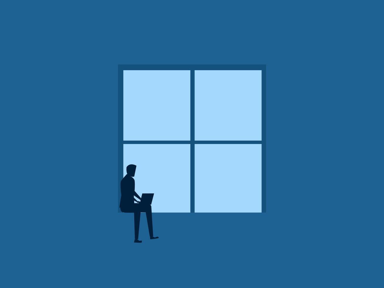Quiet concentration, focus on work, businessman working on laptop at the window vector