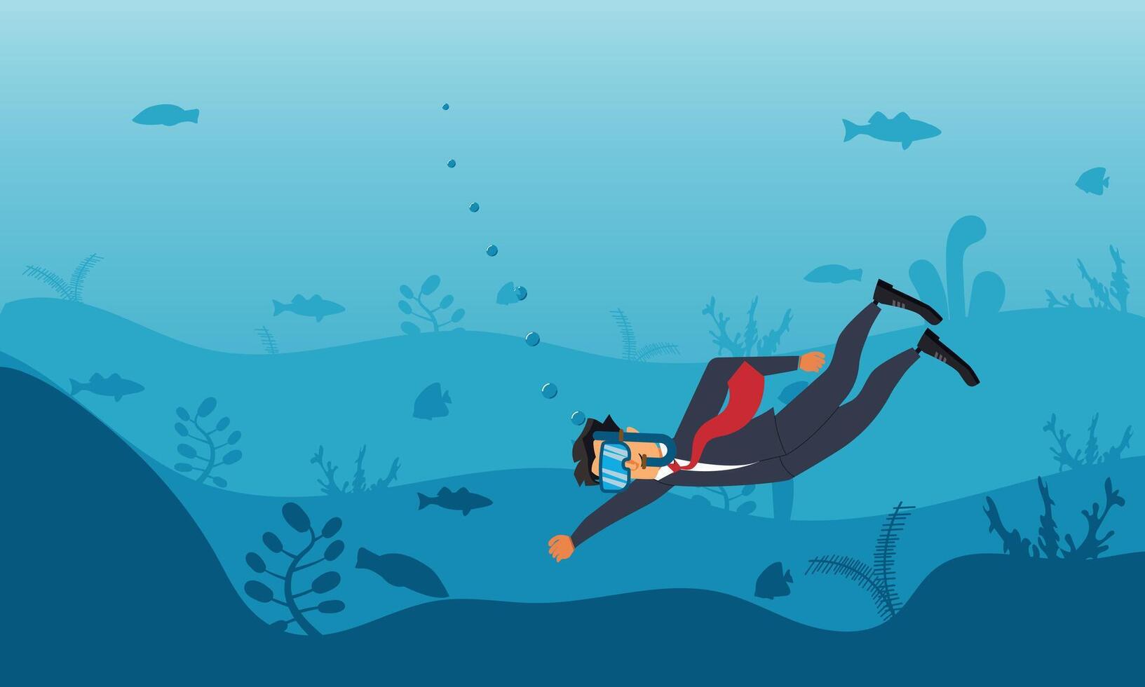 Popular workplace saying Deep Dive, an examination or analysis of a topic or subject, businessman diving to the bottom of the sea concept vector