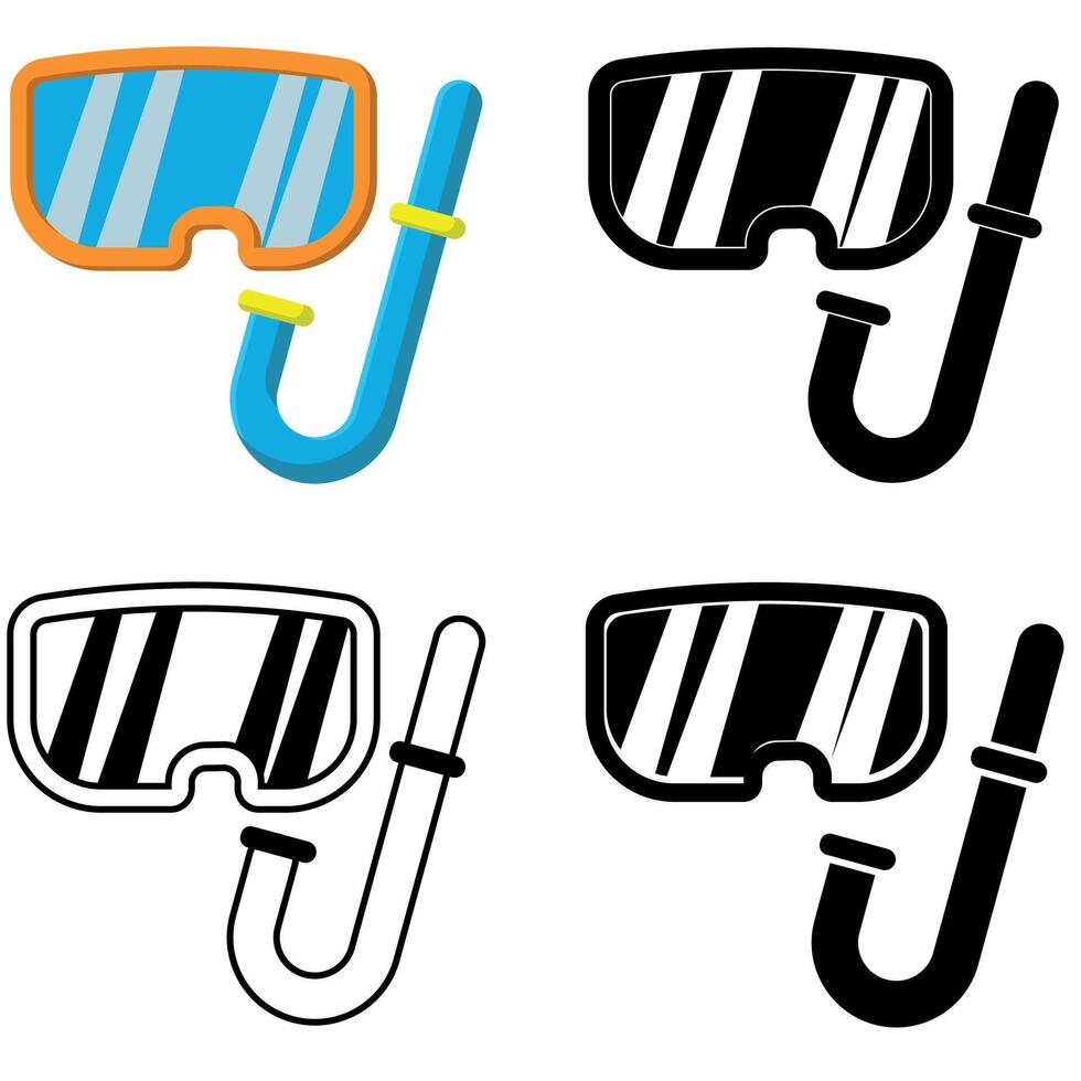 Set of diving snorkel and goggles in black and white, knockout and colour cartoon versions, swimming accessory diving mask icons isolated on a white background vector