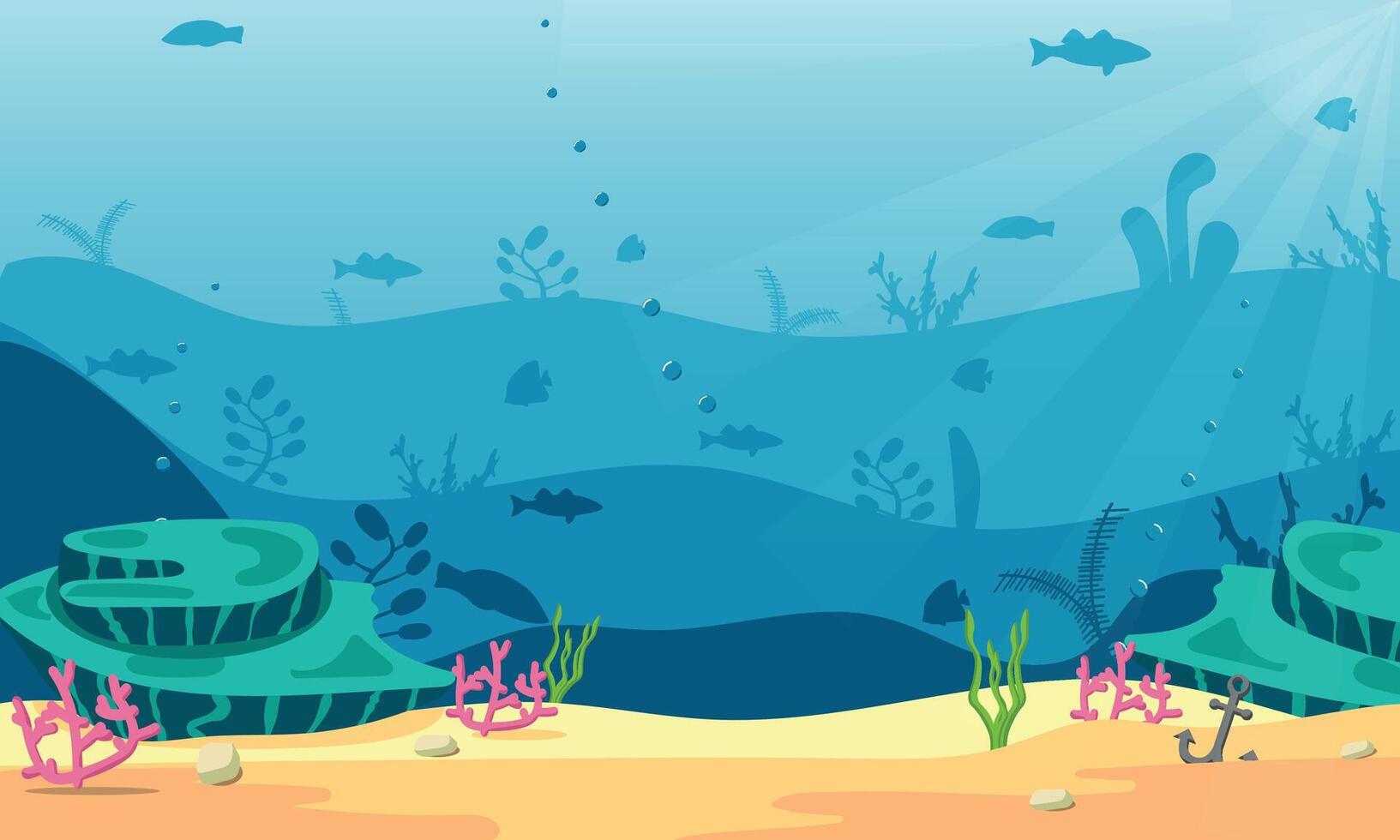 Colourful underwater background landscape, silhouette layers of fish and reef, deep blue ocean or sea marine scene with copy space vector