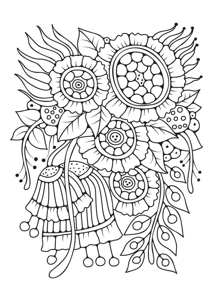 Flower coloring page for children and adults. Art therapy. vector