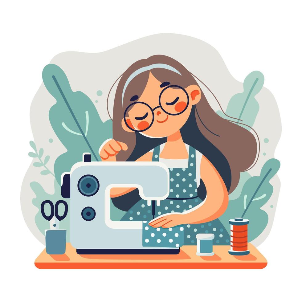 A cute young woman with long hair sews clothes on a sewing machine. vector