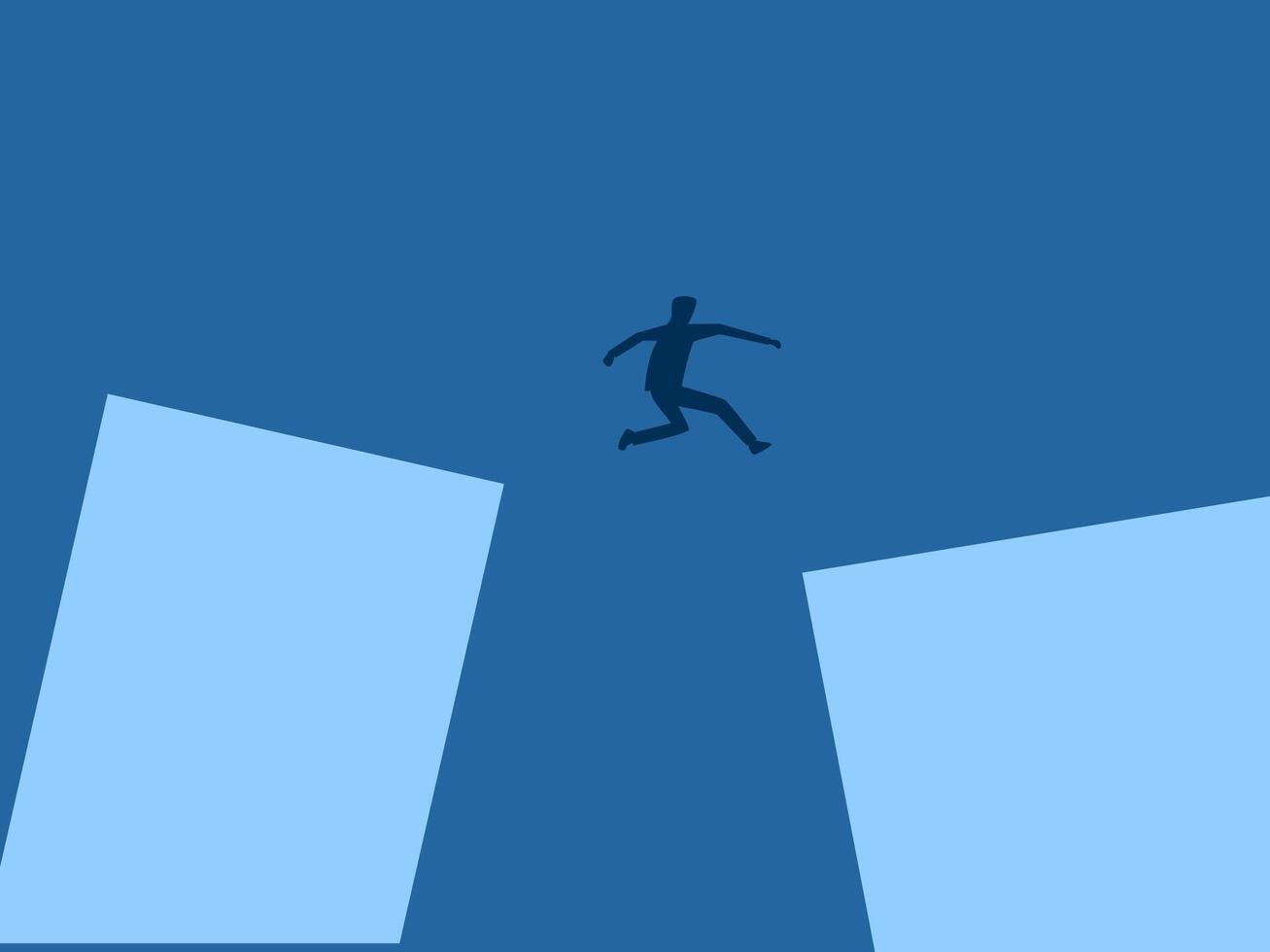 Major change, businessman jumps over falling gap vector