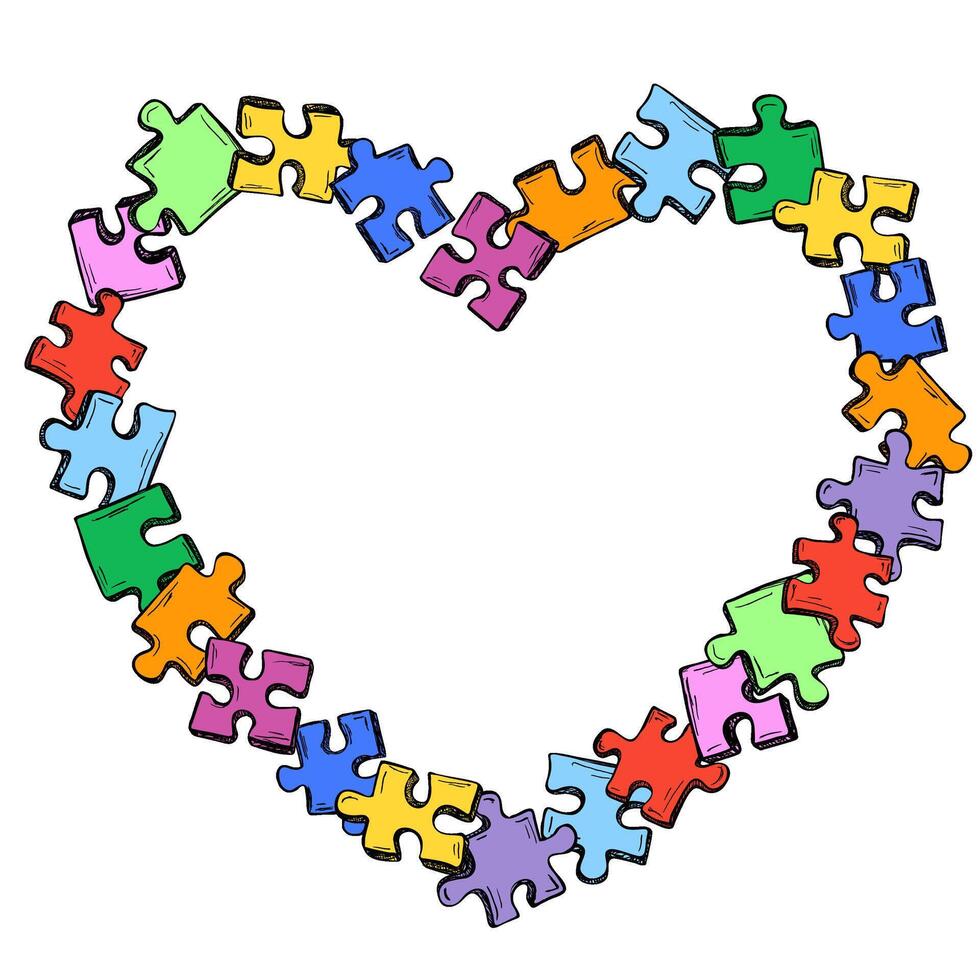 Heart shaped frame with Pieces of puzzle. Colorful rainbow jigsaw puzzles piece vector