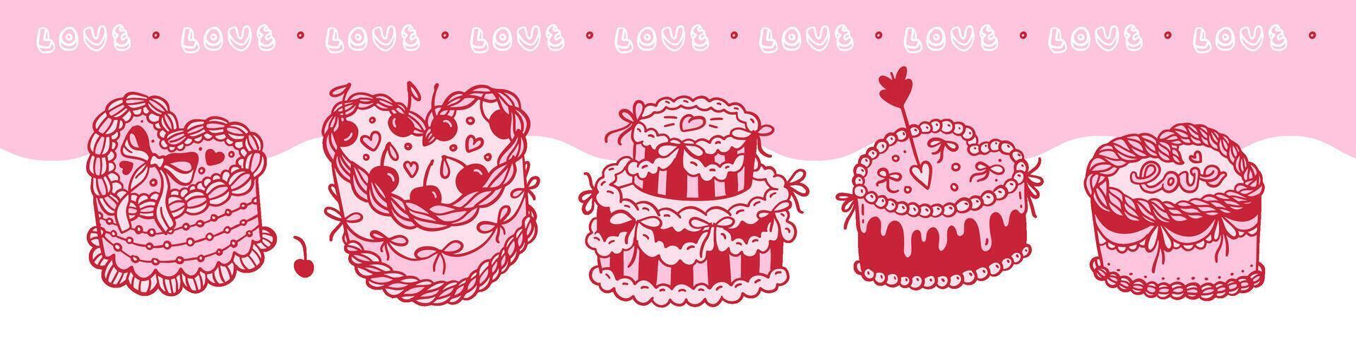 Vintage Coquette pink Cakes set in flat contour style. hand drawn Illustration. Heart shape bakery desserts for Valentine s day. vector