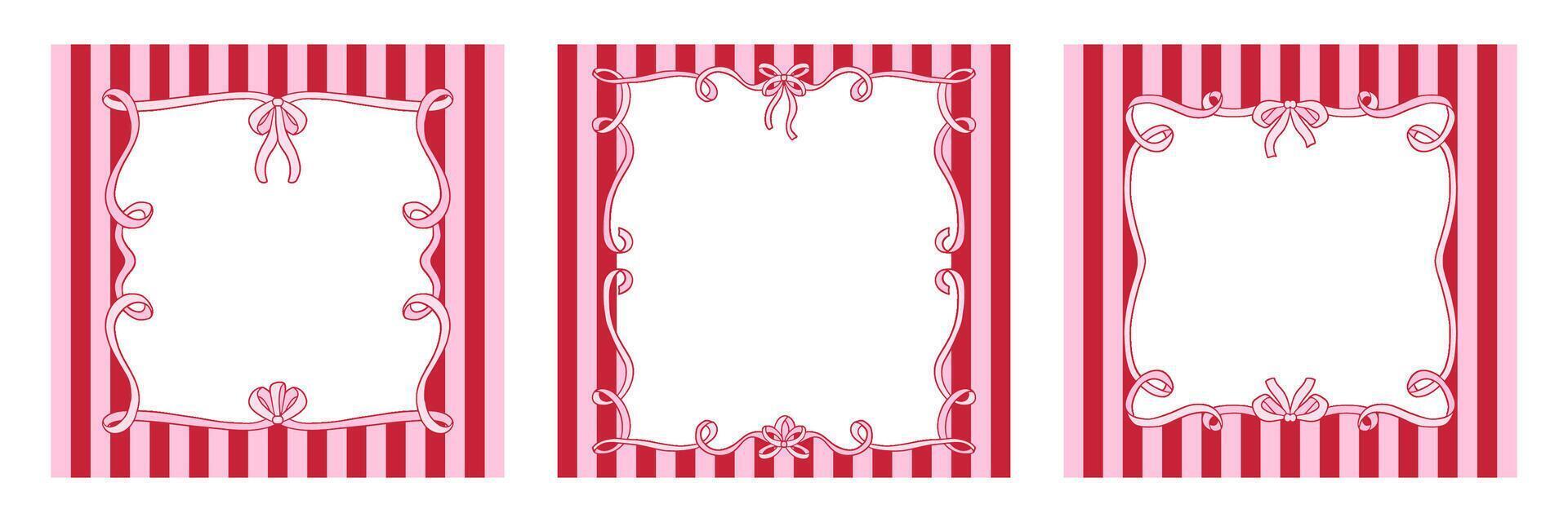Vintage ribbon striped frames collection. Set cute French cards for invitation or holiday, valentine s day. Coquette frames made of various ribbons with bows with space for text. illustration. vector