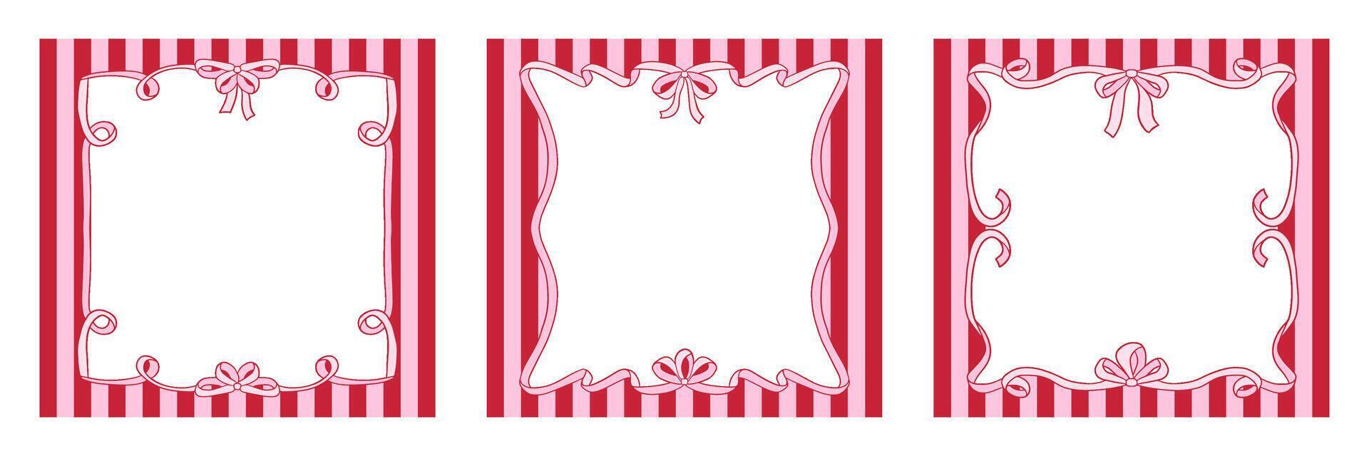 Set of vintage striped frames templates with wavy bows. illustration of ribbon borders on striped square background. Holiday clipart in retro coquette aesthetic vector