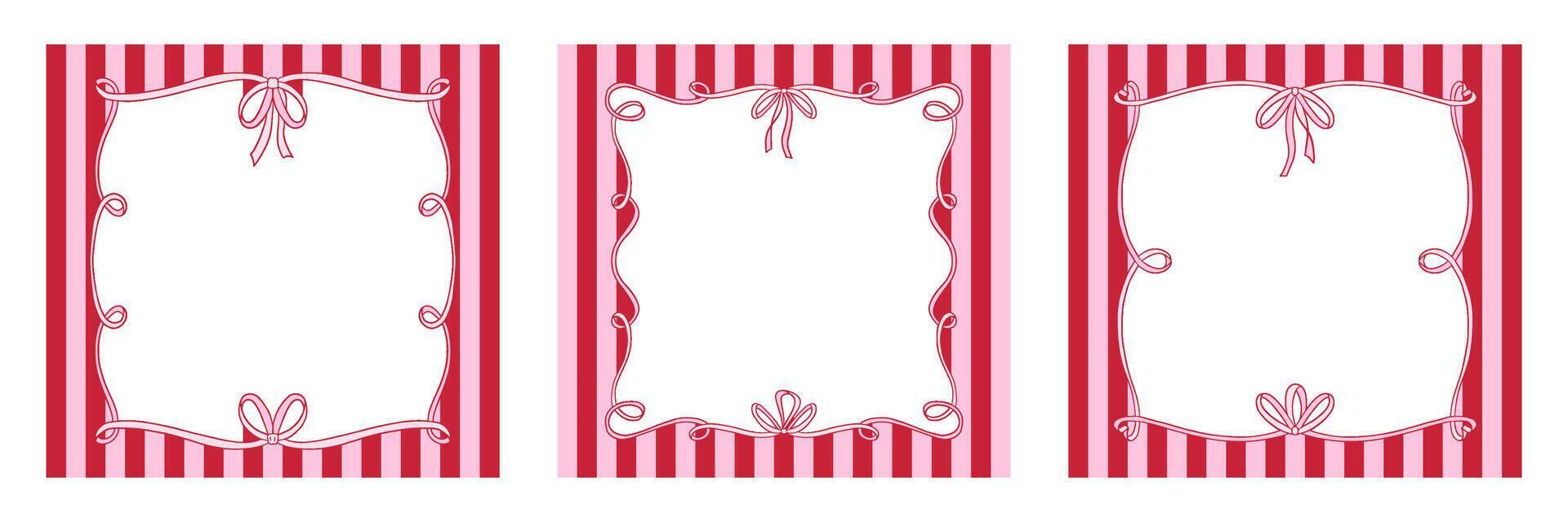 Set of square frames with bow on striped background. Hand drawn illustration. Wedding celebration, holiday, party decoration, gift, Valentine s day. vector