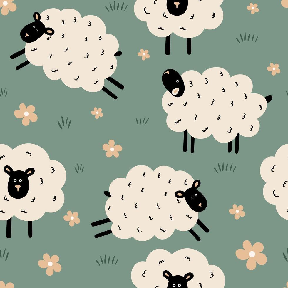 Seamless pattern with cute sheep and flowers vector