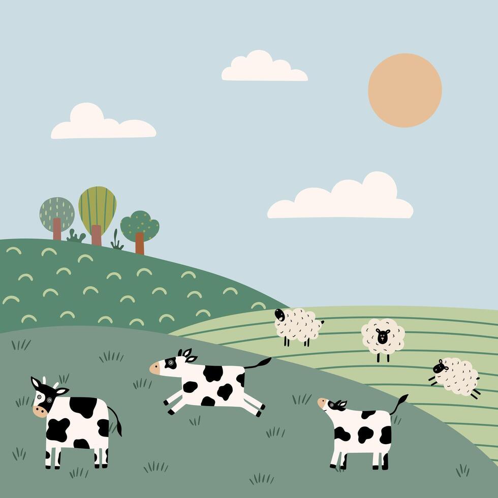 A peaceful meadow with cows and sheep vector