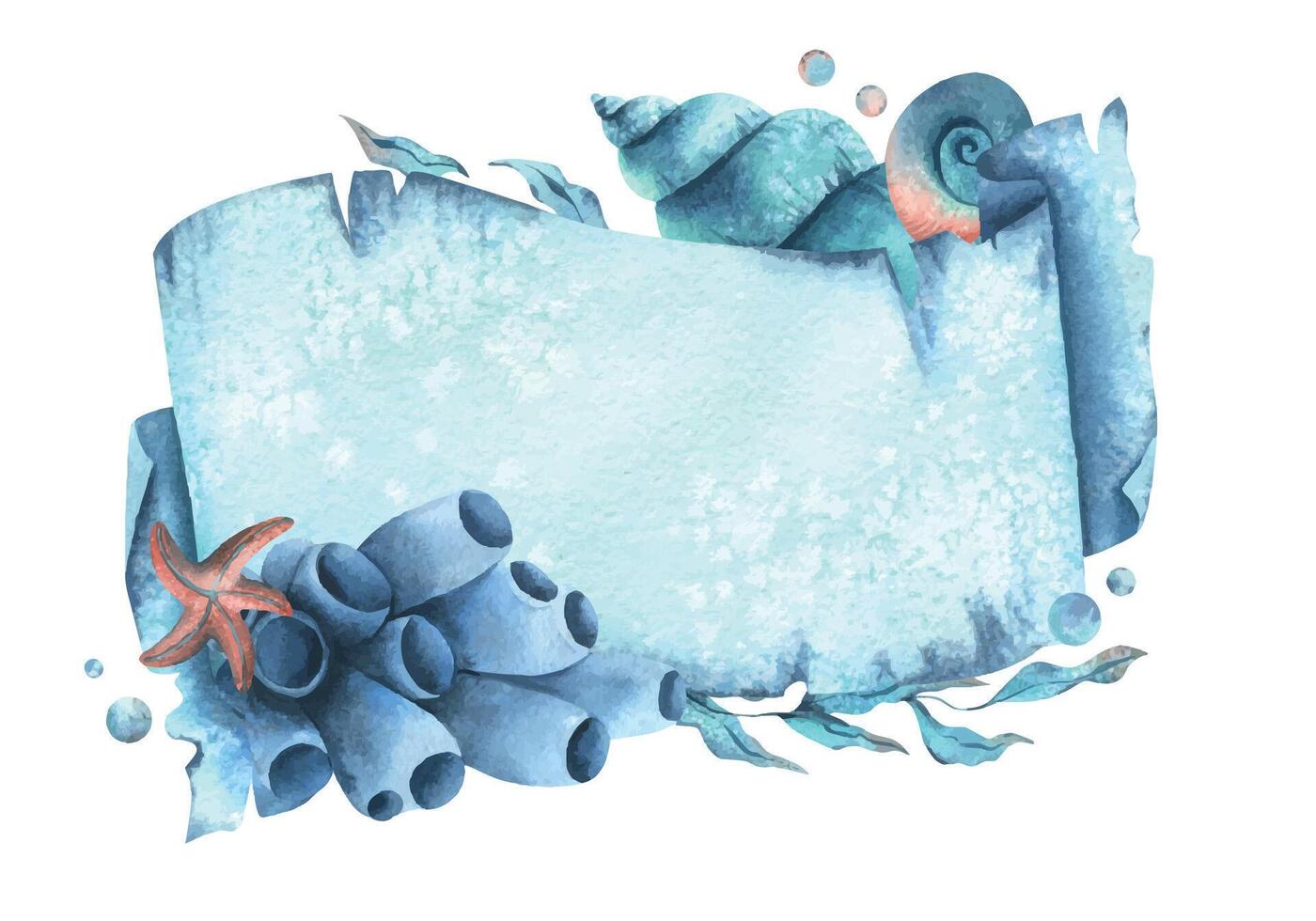 Paper banner scroll, in marine theme with underwater animals, shells, seaweed, corals, starfish and bubbles. Watercolor hand drawn illustration. Rectangular horizontal frame, banner, template for text vector