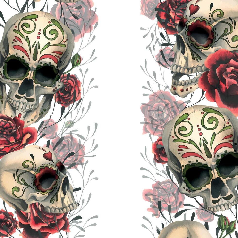 Ornamented human skulls with red roses. Hand drawn watercolor illustration for day of the dead, halloween, Dia de los muertos. Borders, template, frame on a white background vector