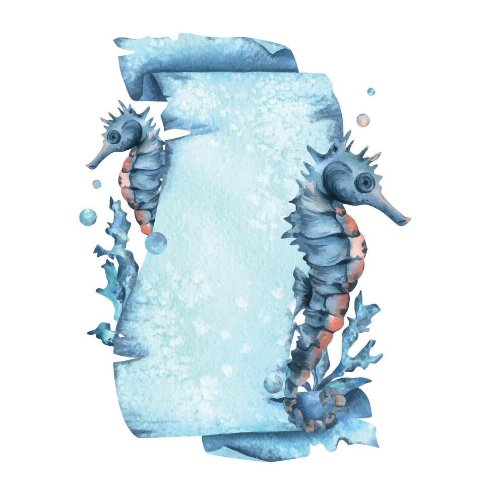 Paper banner scroll, in marine theme with underwater animals, seahorses, corals and bubbles. Watercolor hand-drawn illustration. Rectangular vertical frame, banner, template for text isolated vector