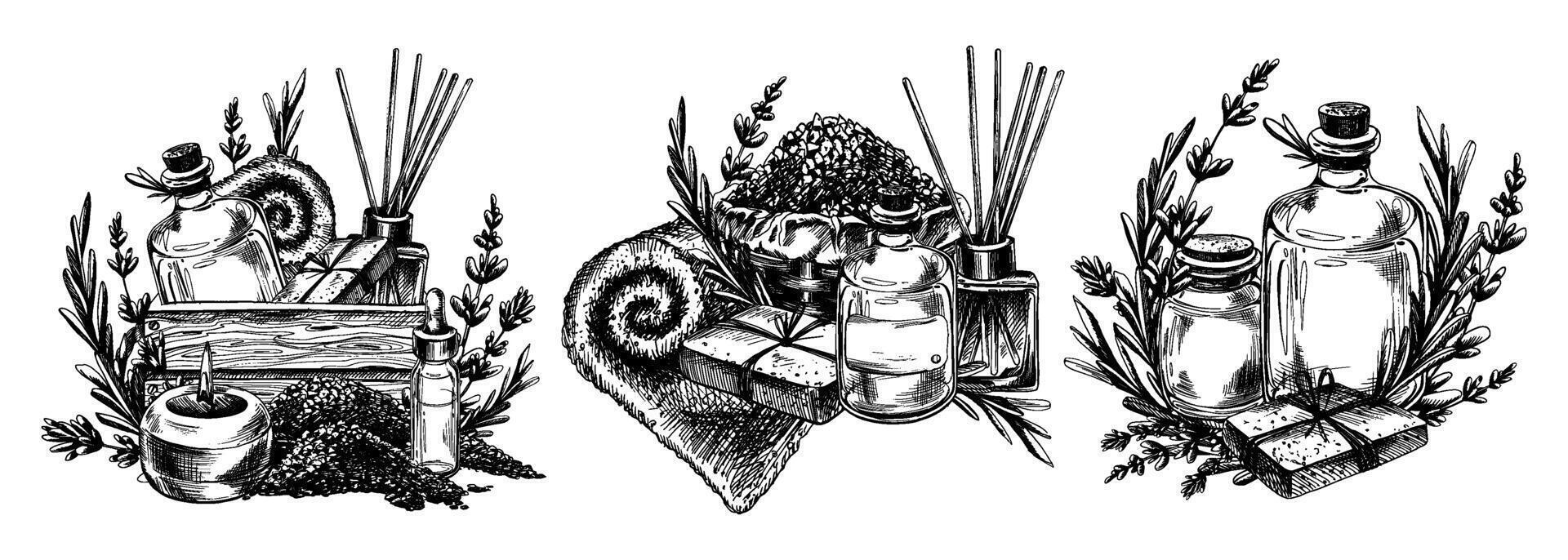 Handmade cosmetics, bath salts, soap, bombs with bottles, towels, lavender flowers and candles. Graphic illustration line art hand drawn in black and white monochrome. Set of elements vector