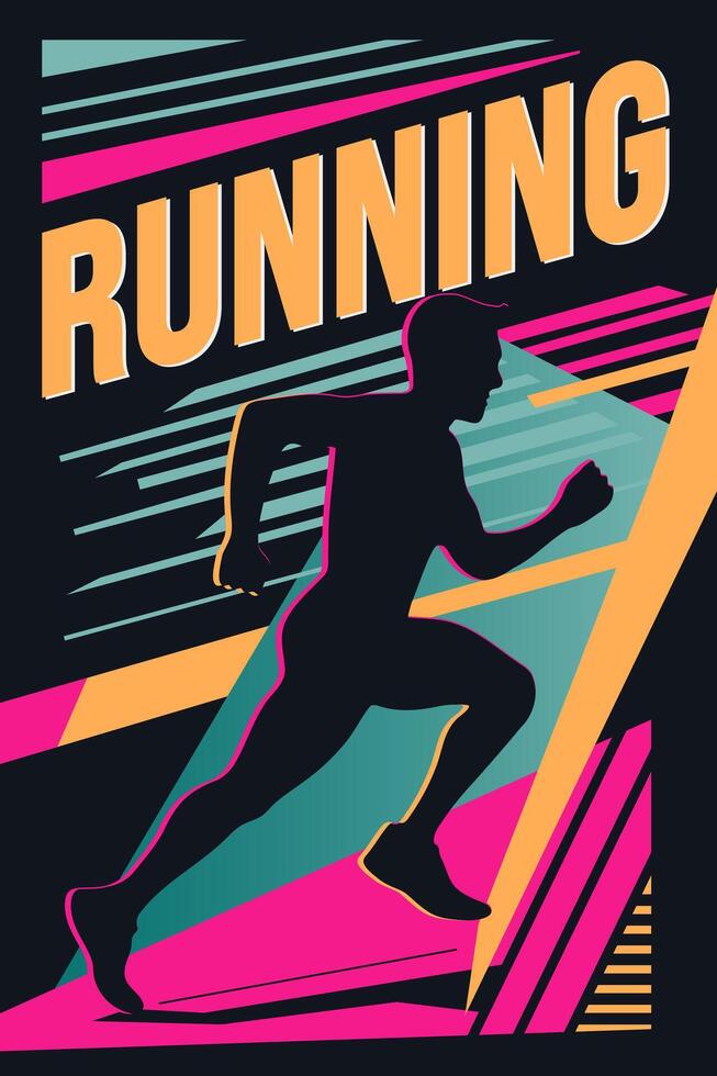 Retro style poster text running and silhouette of a runner. Modern abstract sport background. Trendy geometric shapes. vector