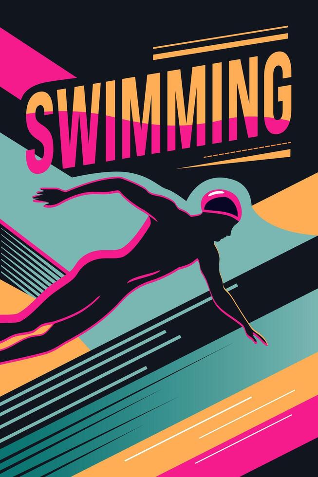 Retro style poster text swimming and silhouette of a swimmer. Modern abstract sport background. Trendy geometric shapes. vector