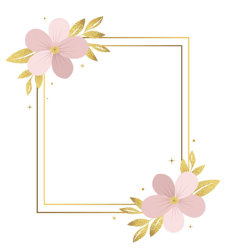 Empty botanical frame with golden leaves and pink flowers. Gentle botanical template, frame, invitation vector