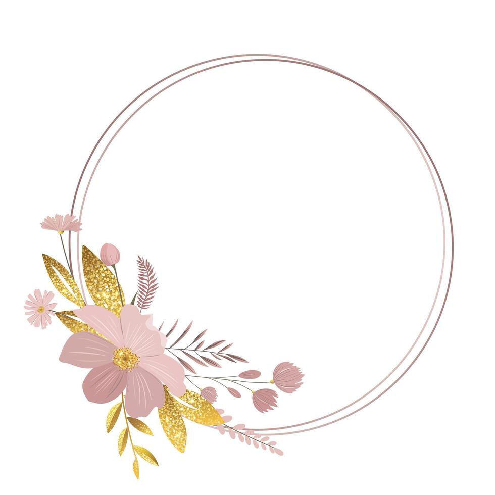 Floral wreath with gentle meadow flowers and golden leaves. Delicate botanical frame for greeting card, invitation. vector