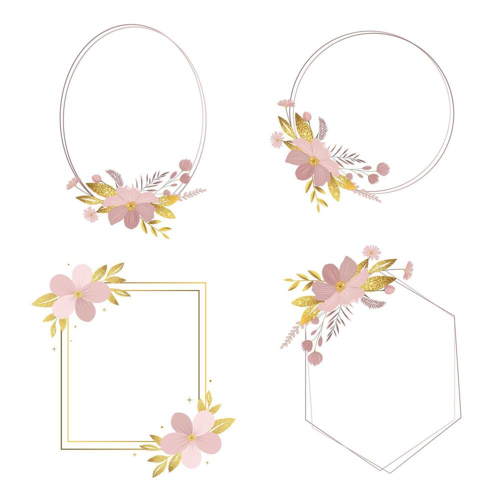 Delicate botanical wreath for wedding invitations and greeting cards. Set of floral frames with gentle meadow flowers and golden leaves. vector