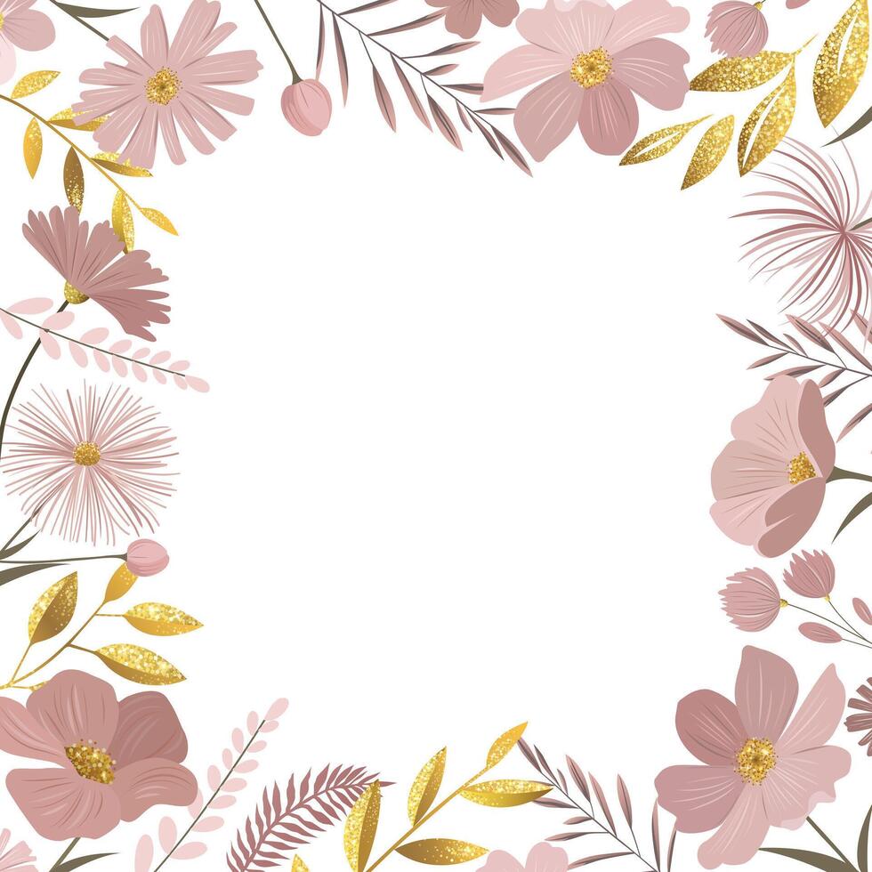 Gentle floral frame for greeting card, wedding invitation. Square template with golden leaves and pastel meadow flowers. vector