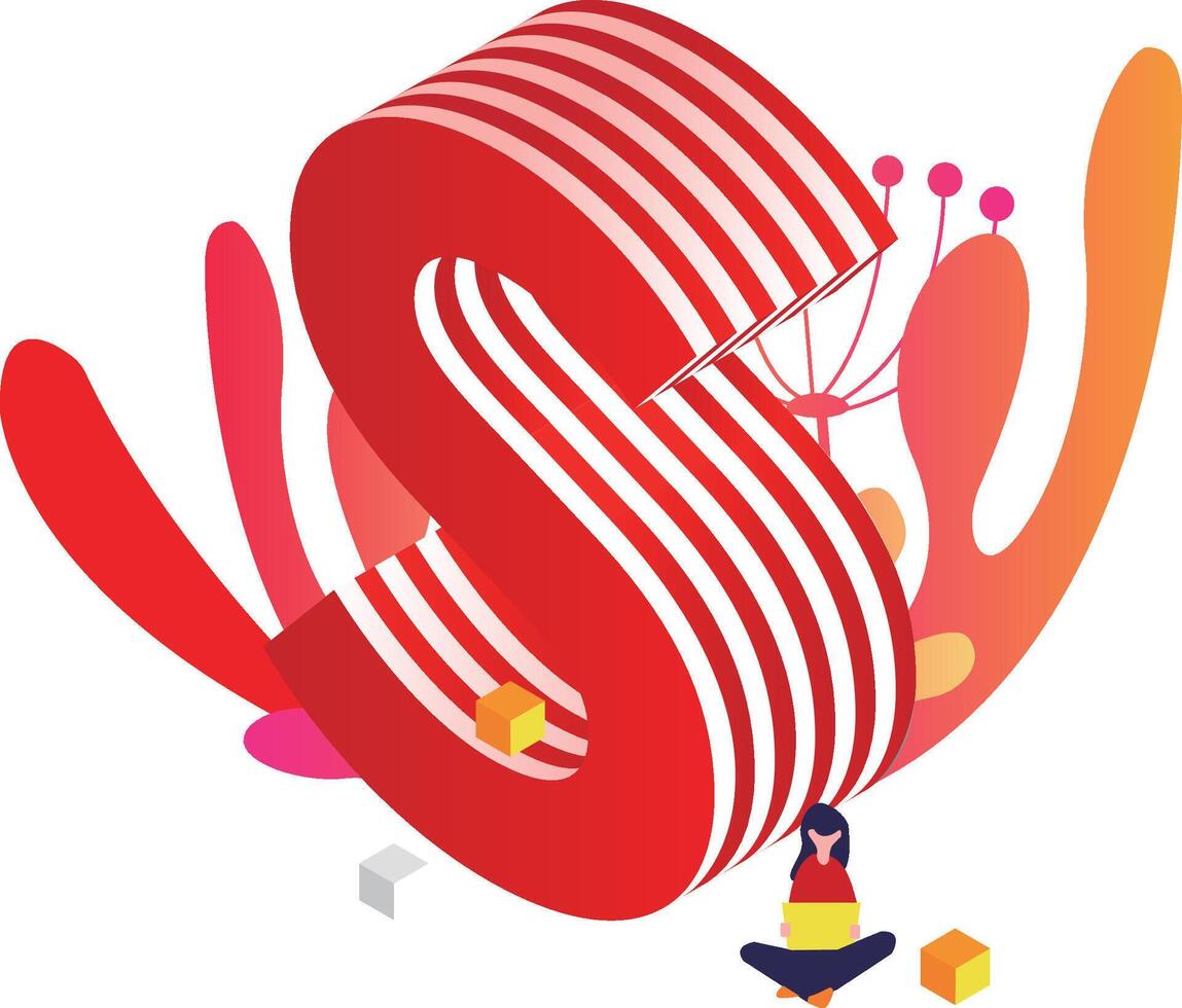 A woman sitting on top of a red and white letter s vector