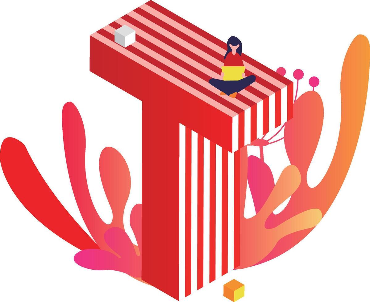 A woman sitting on top of a red and white letter t vector