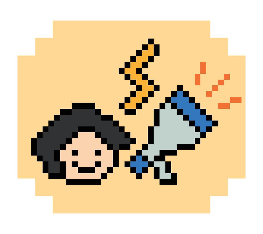 Decoration pixel art decor notice man male boy cartoon pixel megaphone declare announce publish information advertise 8 bit. vector