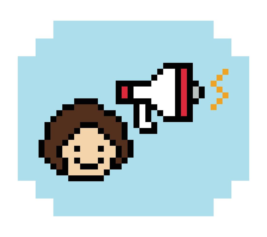 Character 8bit notice man male boy cartoon megaphone declare announce publish information advertise notify pixel art. vector