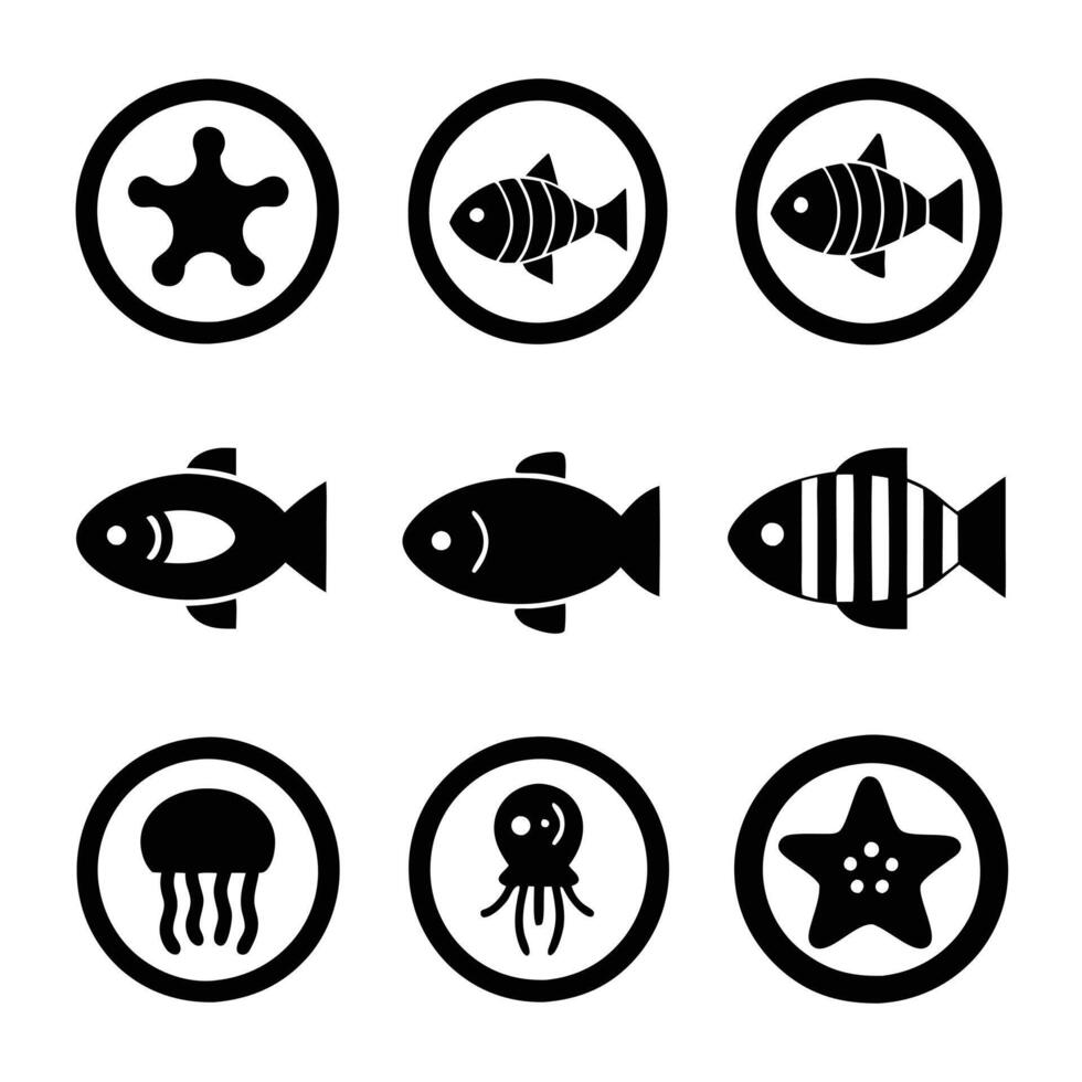 Marine Creatures Silhouettes Icons of Fish, Whales, and More vector