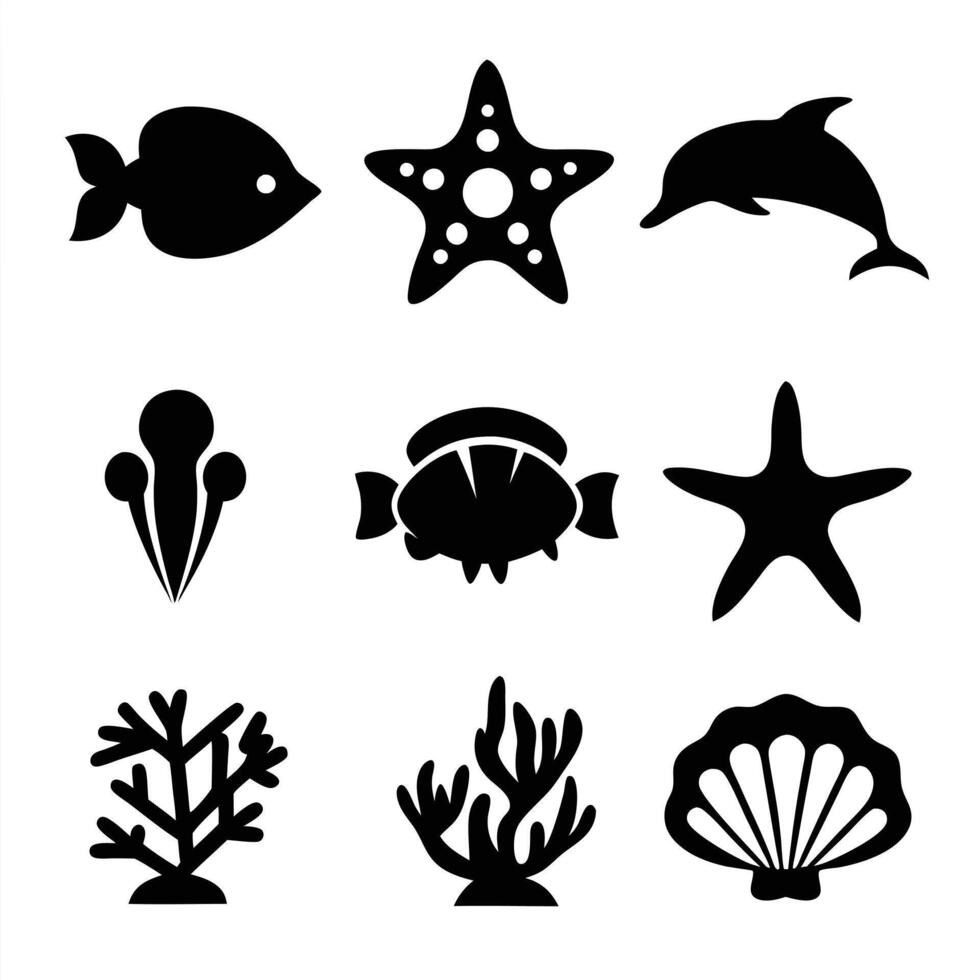 Underwater Creatures Silhouette Set Marine Life Icons vector