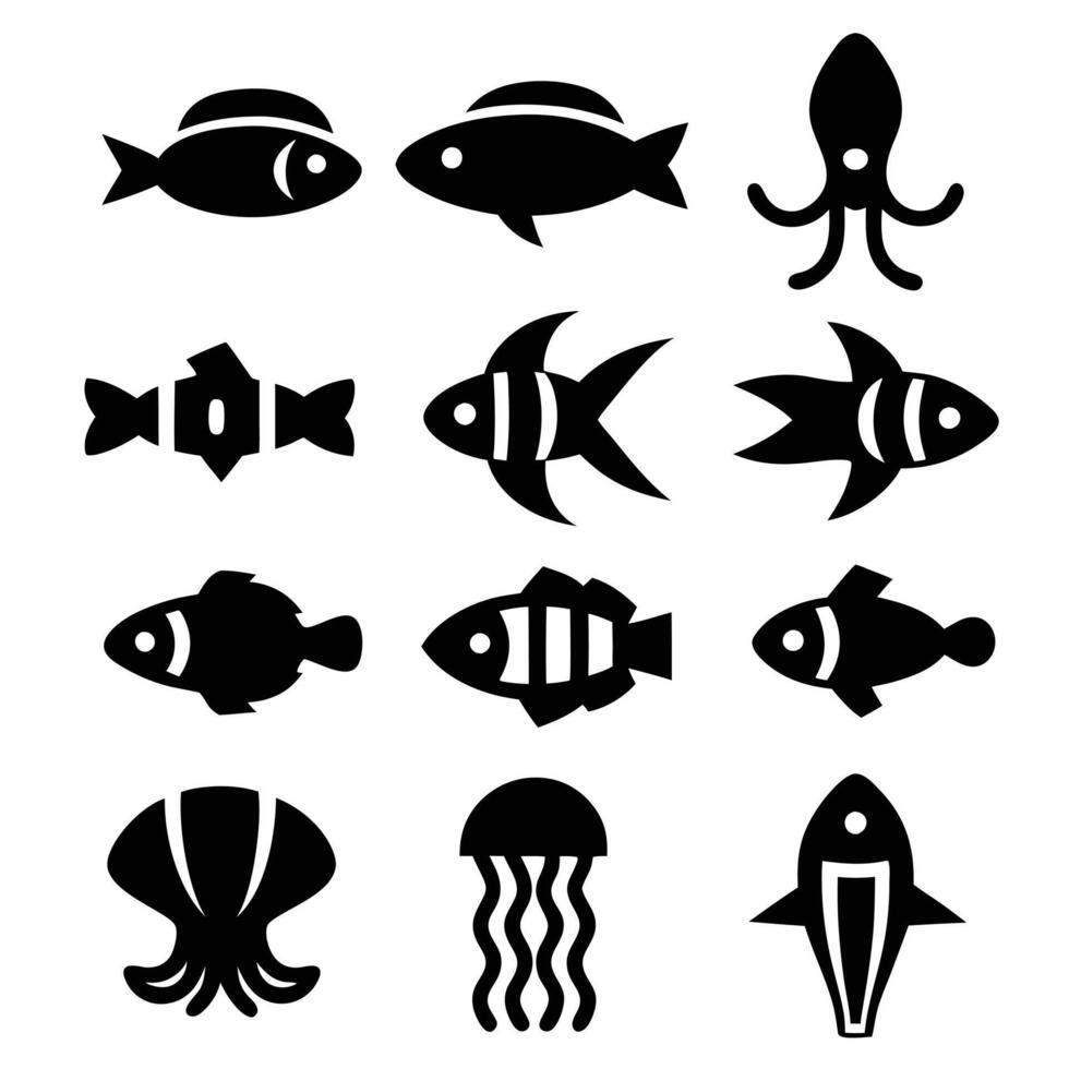 Silhouette Set of Sea Creatures Collection of Ocean Animals vector