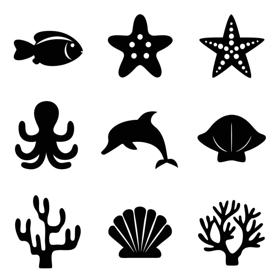 Ocean Wildlife Silhouettes Icons for Nautical Designs vector