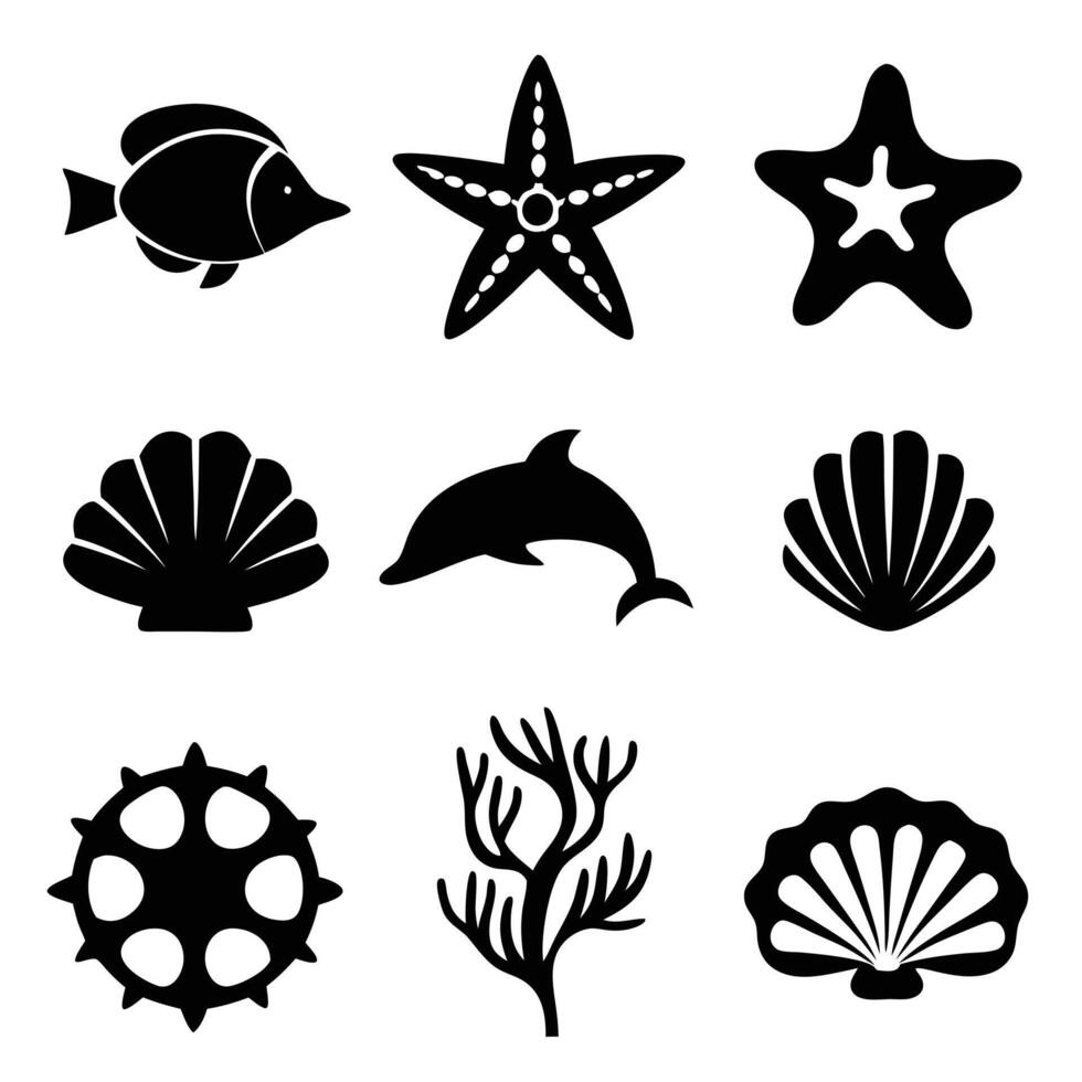 Ocean Animal Silhouettes Set of Marine Wildlife vector