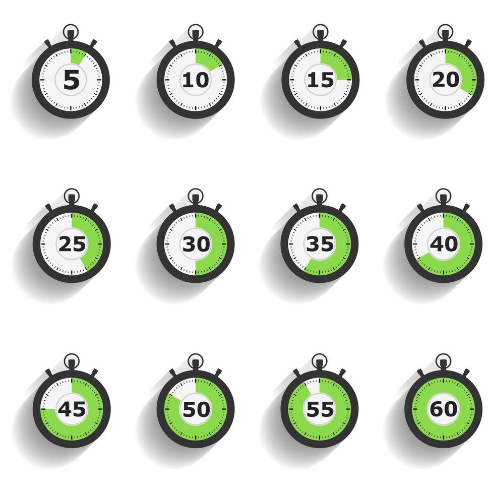 Stopwatch icons set with diagonal shadows, flat design vector
