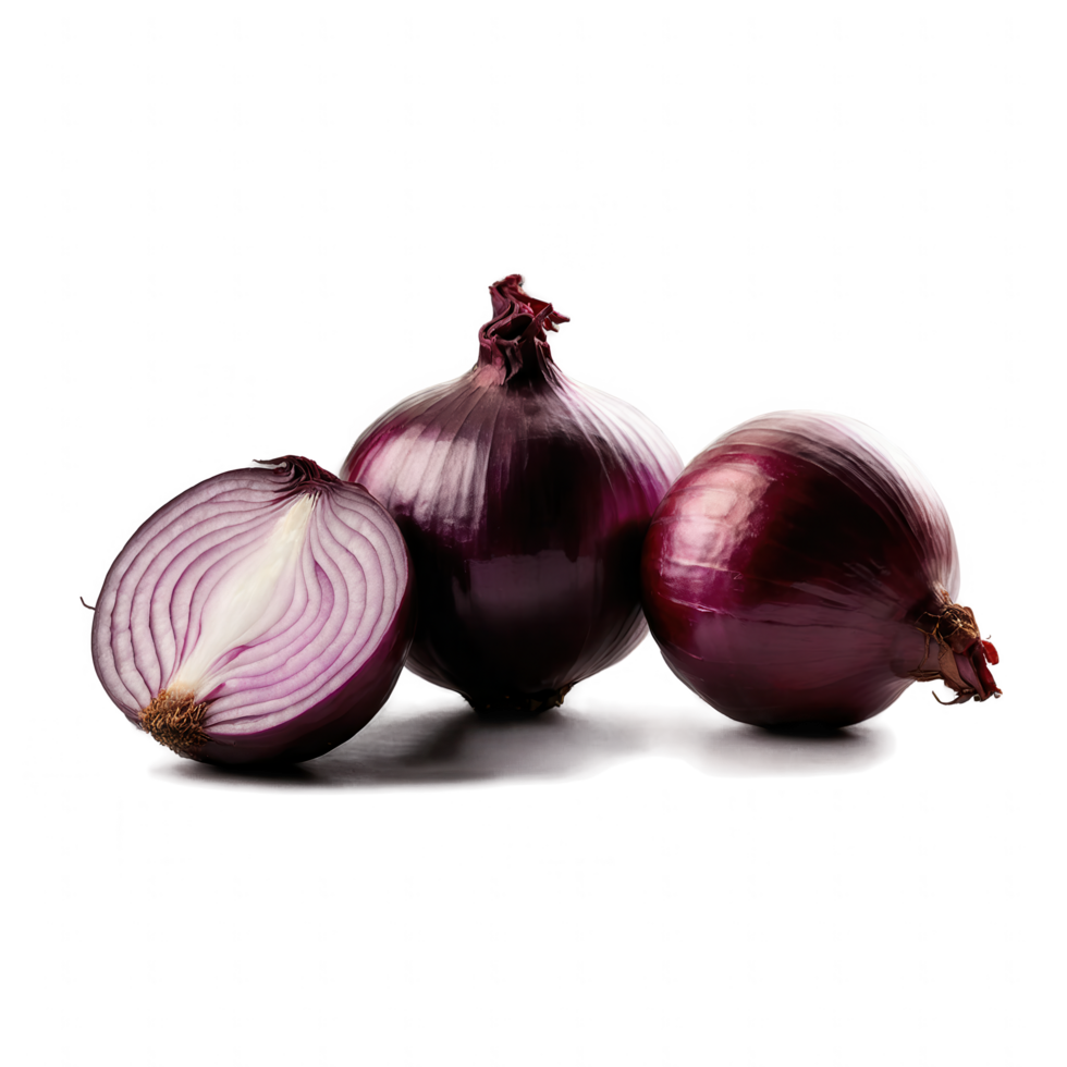 Three ripe red onions, one sliced, showcasing their vibrant color and layers. png