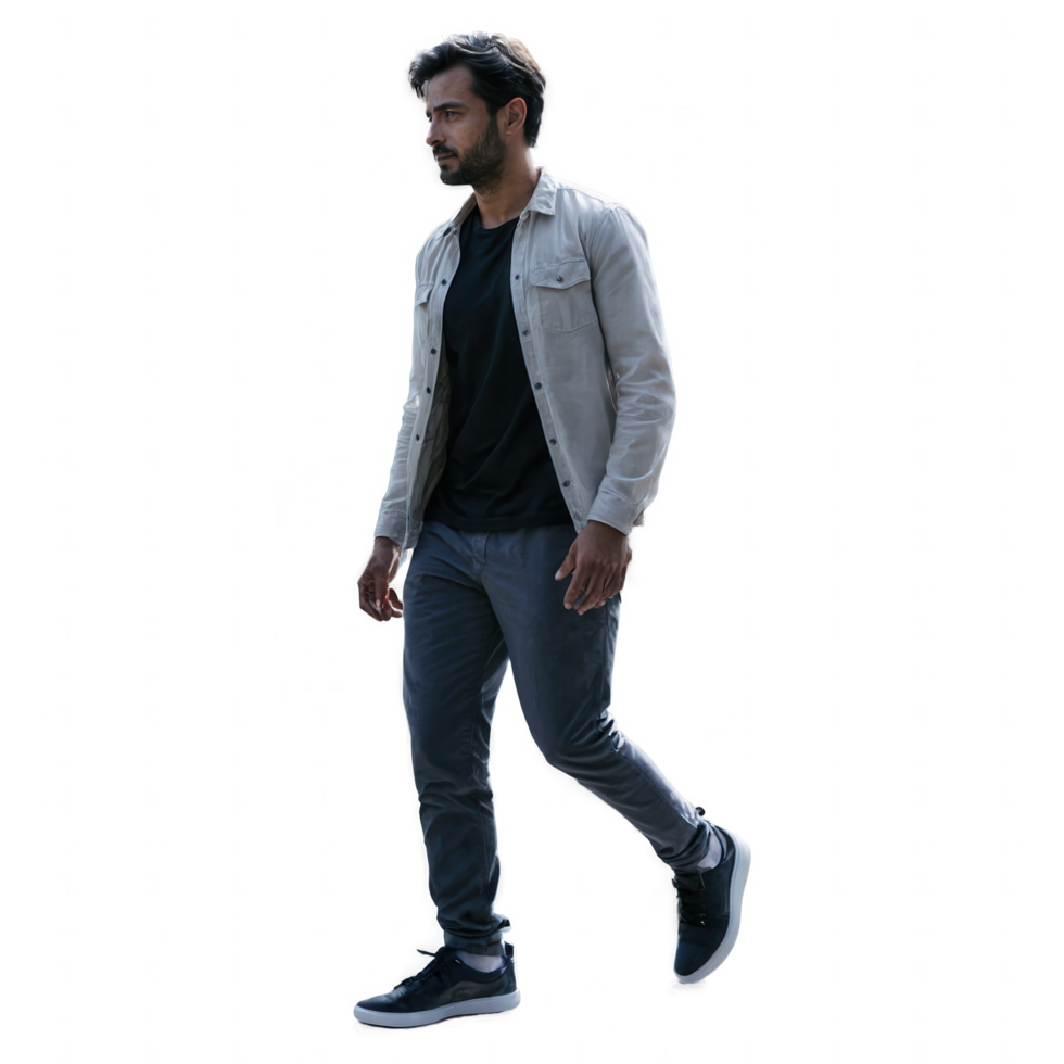 A man walks purposefully, his gaze directed away from the camera. png