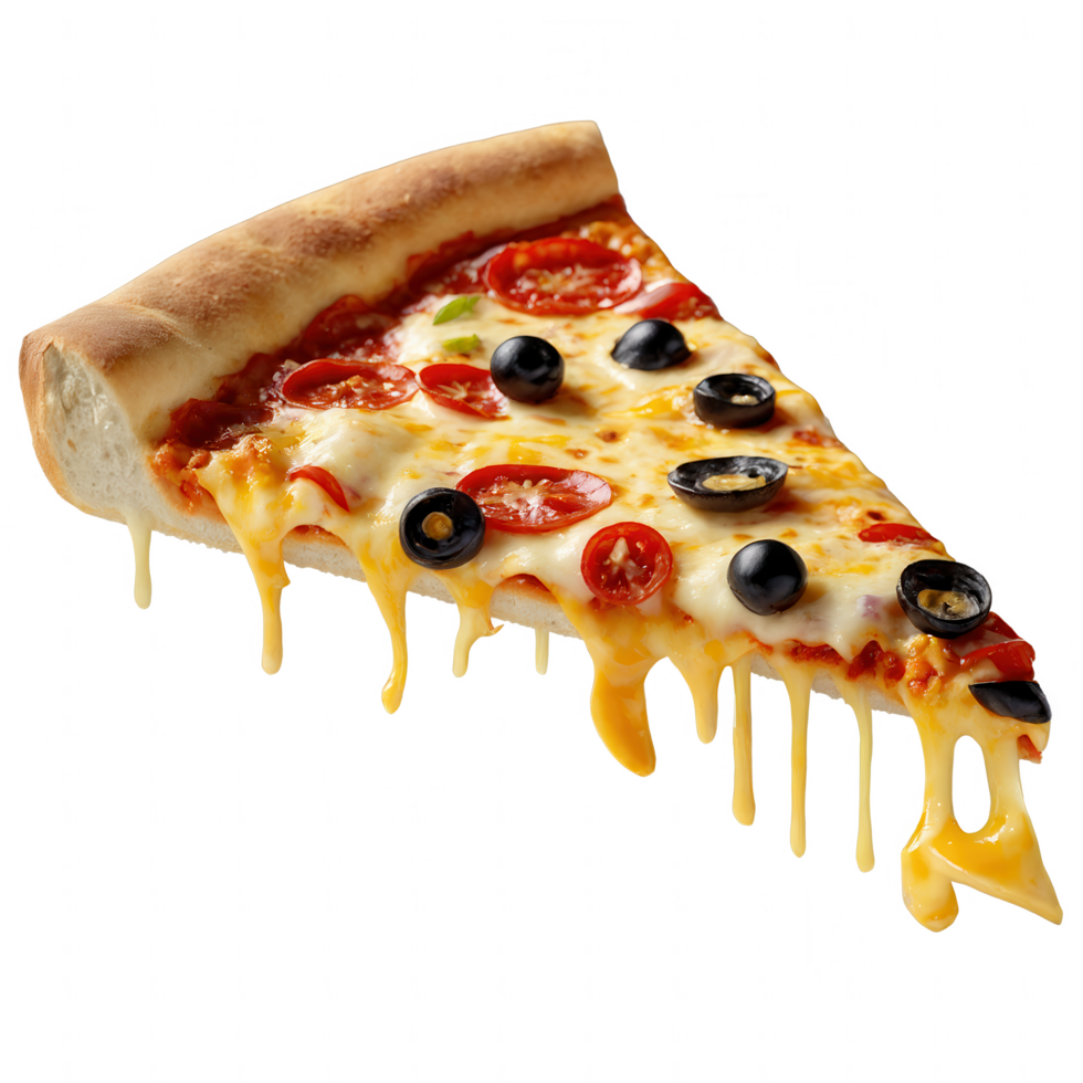 Melty cheese drips from a delicious pizza slice, topped with tomatoes and olives. png