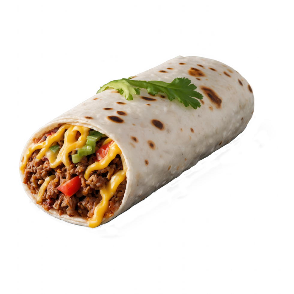 A delicious beef burrito, generously topped with melted cheese and garnished with fresh herbs. png