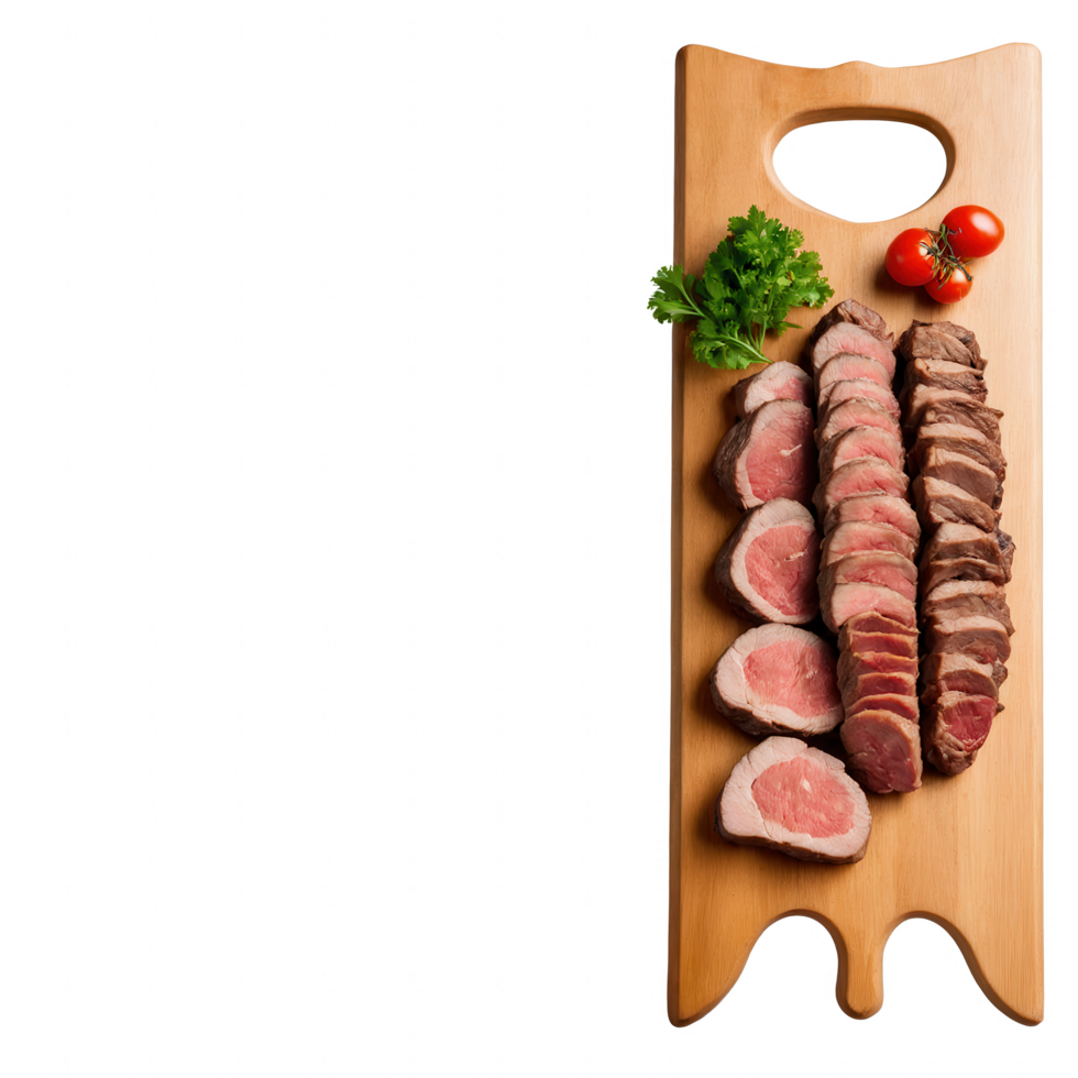 Sliced roasted meat on a wooden board, garnished with tomatoes and parsley. png