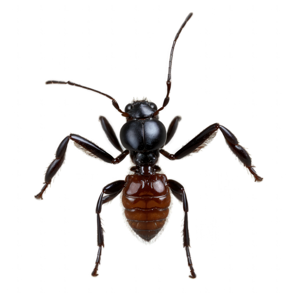 Close-up of a dark-colored ant with a glossy head and reddish-brown abdomen. png