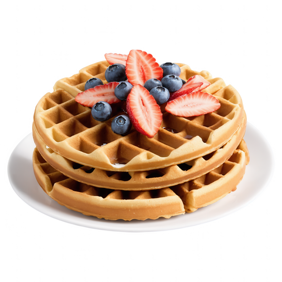 Three golden waffles topped with fresh strawberries and blueberries. png