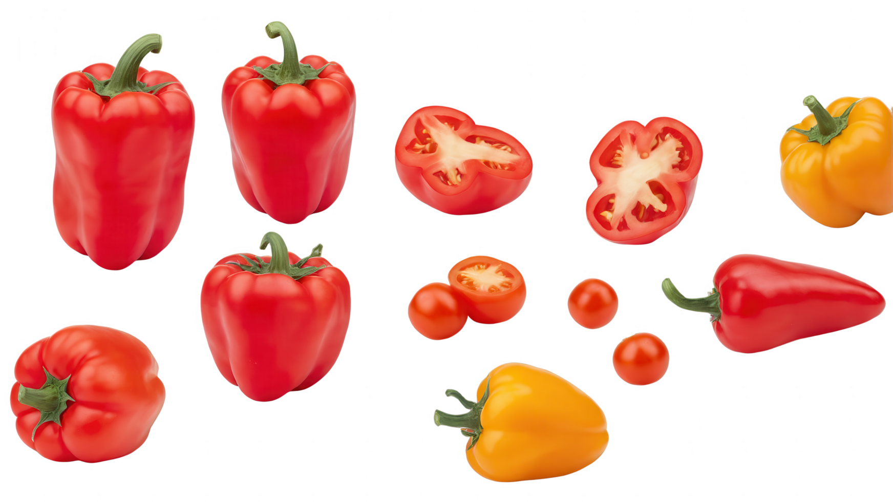 Assortment of red and yellow bell peppers and tomatoes. png