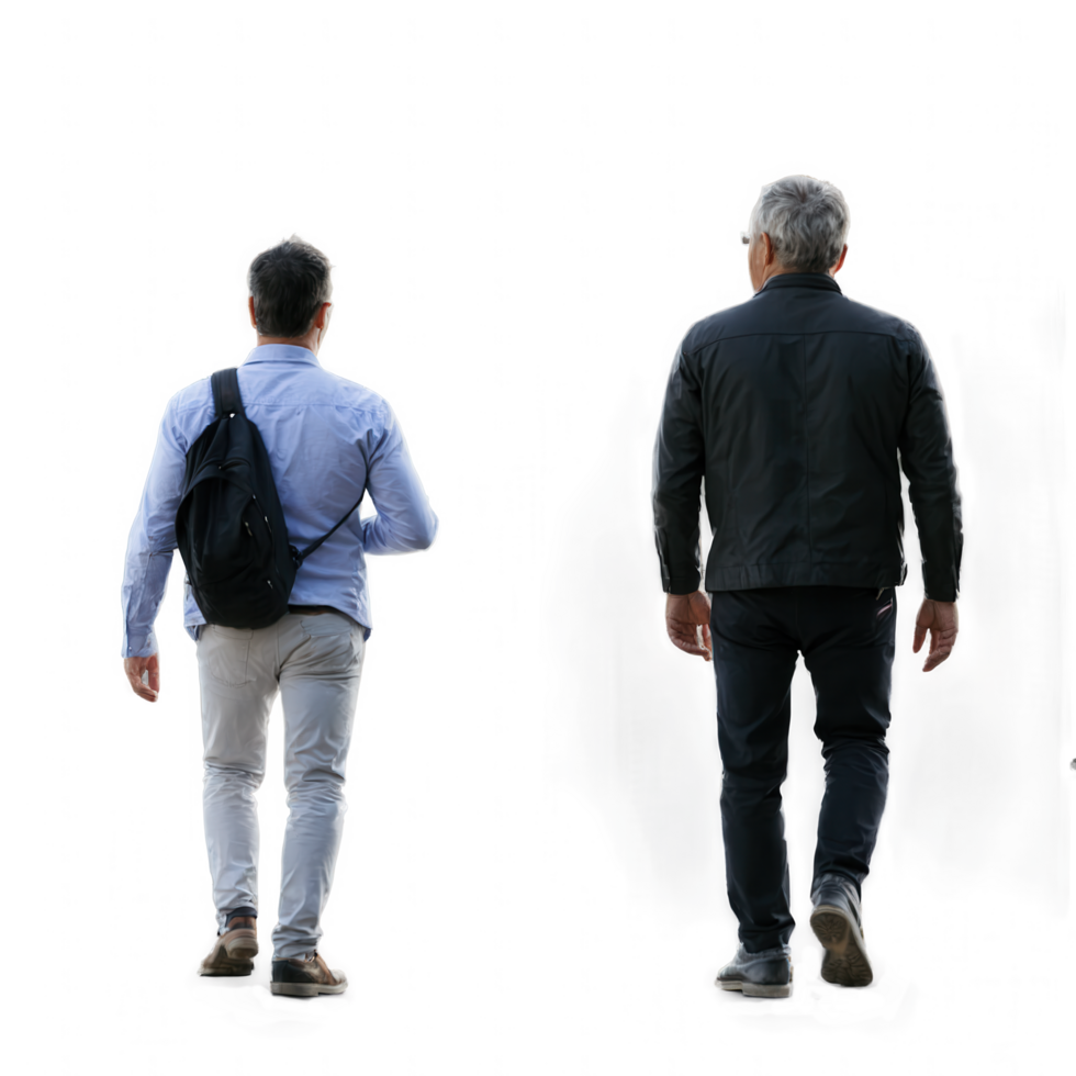 Two men walking away from the camera, one in a light shirt and the other in a dark jacket. png