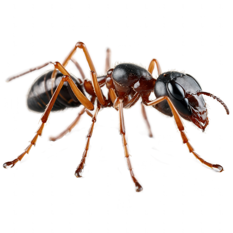 Close-up of a large ant, showcasing intricate details of its body and legs. png