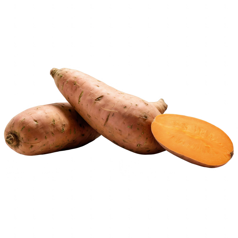 Two sweet potatoes, one sliced open to reveal vibrant orange flesh. png