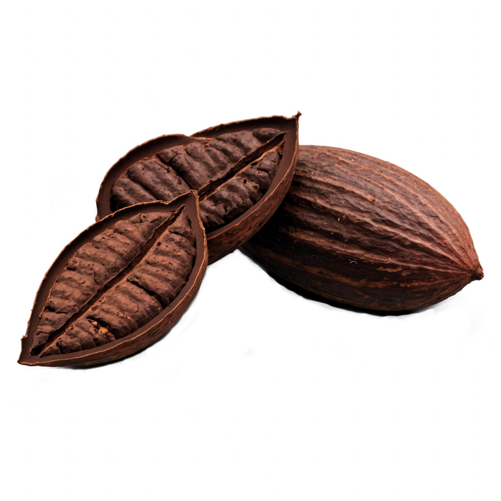 Cocoa pods the origin of chocolate, showing the beans inside their shells. png